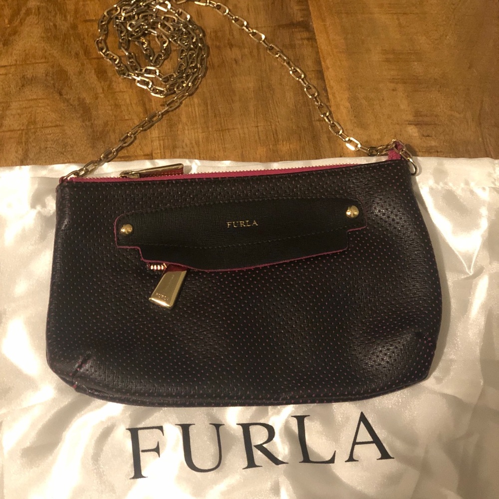 Furla black crossbody bag w/ chain + pink detail